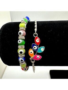 Multicolor Evil Eye Bead Bracelets Leaf Charm Bracelet lot of 2 Adjustable Fit